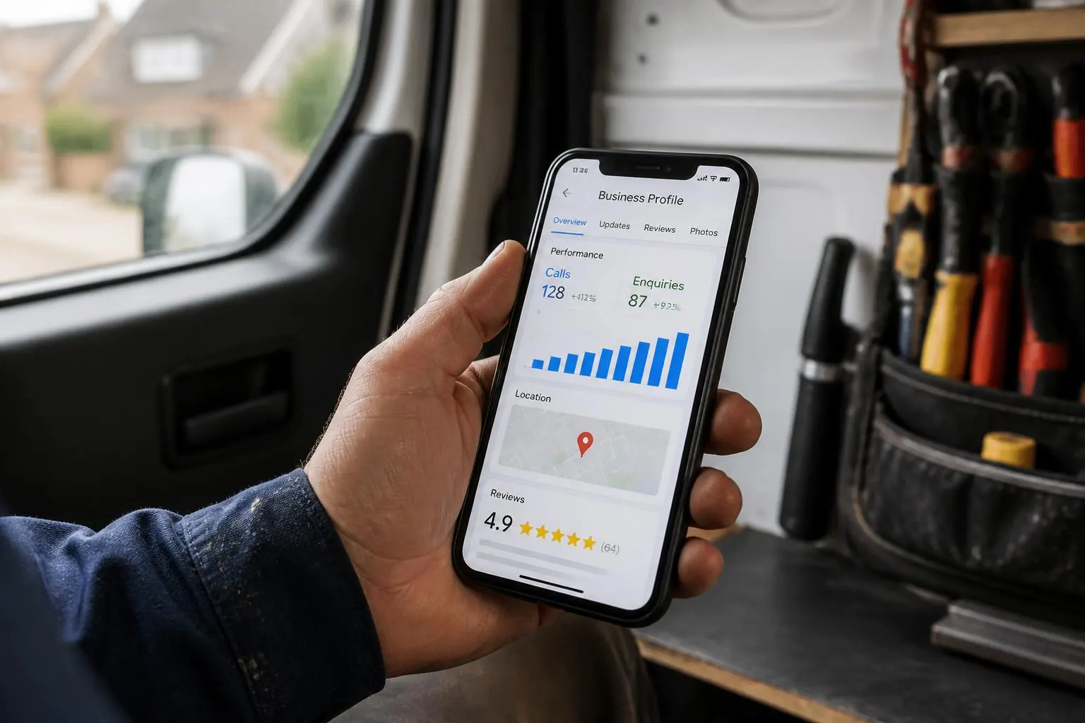 A tradesperson's phone showing a Google Business Profile with rising calls, enquiries and reviews